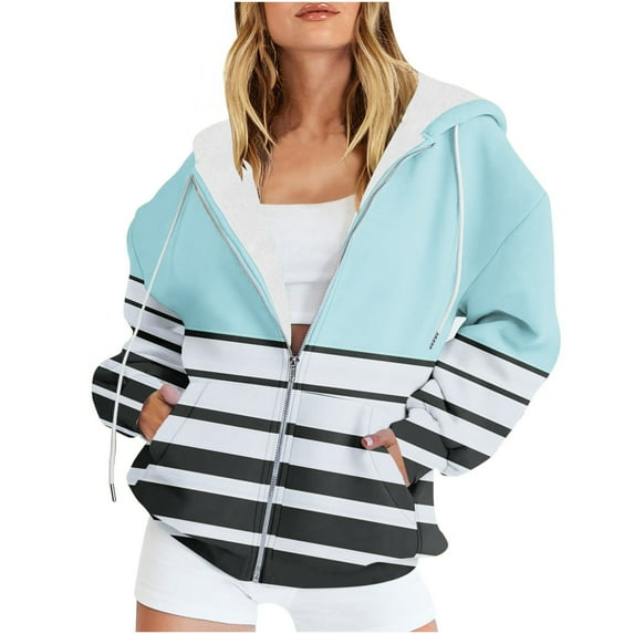 Womens Zip Up Hoodies Fleece Color Block Trendy Long Sleeve 2025 Fall Winter Casual Loose Pullover Sweatshirts With Pockets,Sky Blue 2,3XL