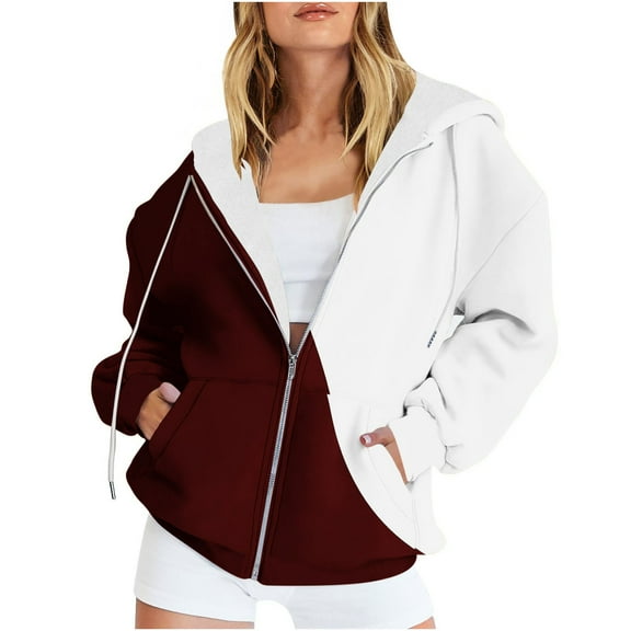 Womens Zip Up Hoodies Fleece Color Block Trendy Long Sleeve 2025 Fall Winter Casual Loose Pullover Sweatshirts With Pockets,Wine,S