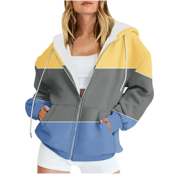 Womens Zip Up Hoodies Fleece Color Block Trendy Long Sleeve 2025 Fall Winter Casual Loose Pullover Sweatshirts With Pockets,Yellow,L