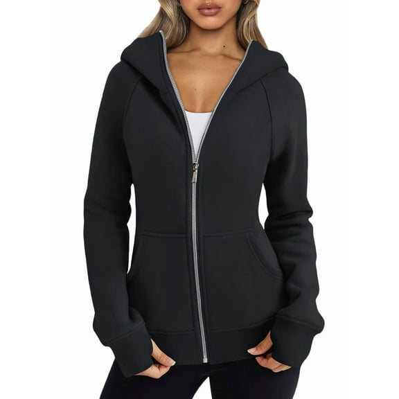 Womens Zip Up Hoodies Fleece Jackets Oversized Sweatshirts Fall Fashion Outfits Sweaters Winter Clothes Black M