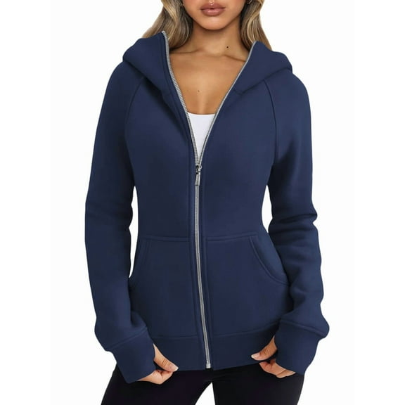Womens Zip Up Hoodies Fleece Jackets Oversized Sweatshirts Fall Fashion Outfits Sweaters Winter Clothes Navy Blue M