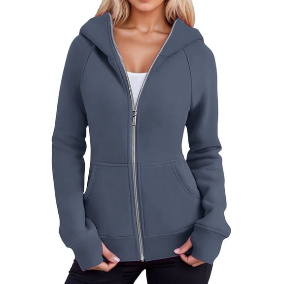 Womens Zip Up Hoodies Fleece Soft Y2k Solid Color Long Sleeve Thumb Hole Jackets with Pockets Fall Winter Comfy Warm Tops