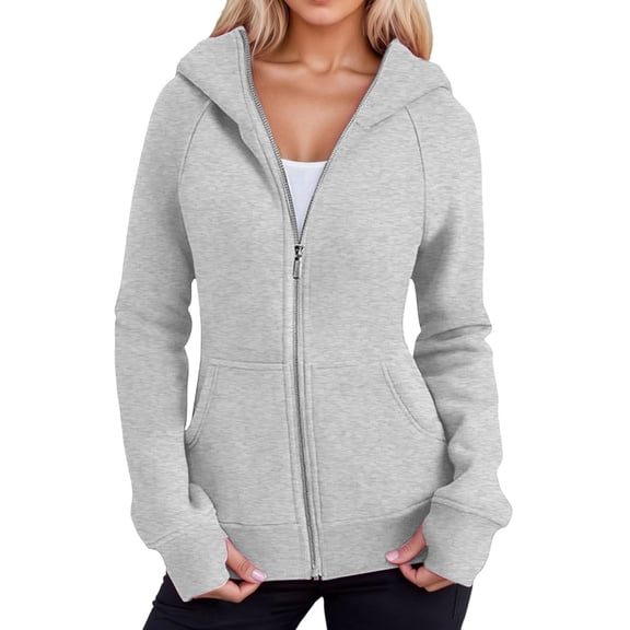 Womens Zip Up Hoodies Fleece Soft Y2k Solid Color Long Sleeve Thumb Hole Jackets with Pockets Fall Winter Comfy Warm Tops