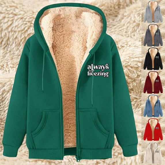 Womens Zip Up Hoodies Fleece Thermal Jacket Full Zip Winter Warm Casual Thick Coats Pockets