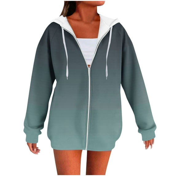 Womens Zip Up Hoodies Gradient Color Oversized Sweatshirt Long Sleeve Drawstring Full Zip Hooded Jacket Fall Outerwear for Women 2025