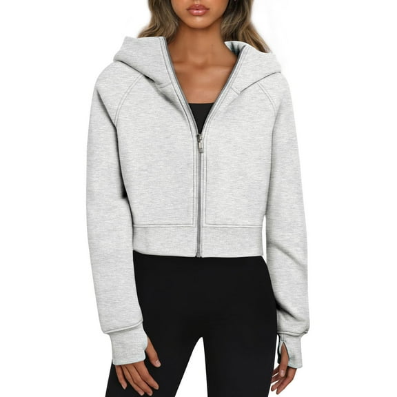 Womens Zip Up Hoodies Jackets Cropped Sweatshirts Fleece Fall Outfits Casual Comfy Y2k Tops Winter Clothes Light Gray S