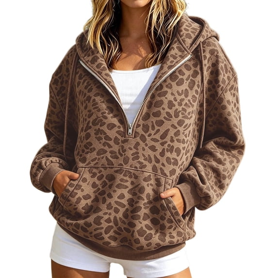 Womens Zip Up Hoodies Leopard Print Quarter Zip Pullover Hooded Relaxed Fit Long Sleeve Sweatshirts with Kangaroo Pocket