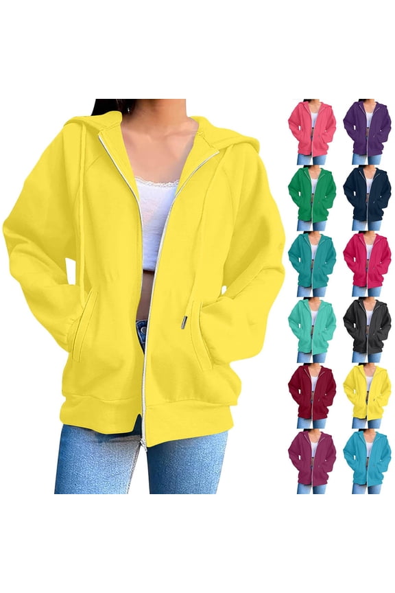 Womens Zip Up Hoodies Long Sleeve Casual Pockets Hoodied Winter Yellow Sweatshirts Fall Fashion Outfits 2025 (S)