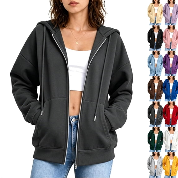 Womens Zip Up Hoodies Long Sleeve Fall Oversized Sweatshirts with Pockets 2026 Fall Fashion Jacket Dark Gray XXL