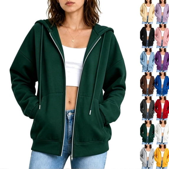 Womens Zip Up Hoodies Long Sleeve Fall Oversized Sweatshirts with Pockets 2026 Fall Fashion Jacket Green L