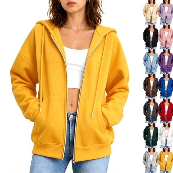 Womens Zip Up Hoodies Long Sleeve Fall Oversized Sweatshirts with Pockets 2026 Fall Fashion Jacket Yellow 3XL