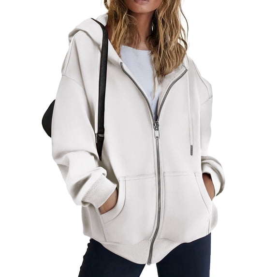 Womens Zip Up Hoodies Long Sleeve Fit Hooded Sweatshirts Casual Jacket This White L