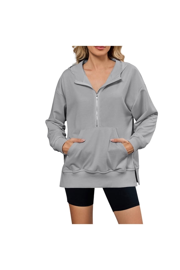 Womens Zip Up Hoodies Long Sleeve Half Zip Pullover Top with Front Pocket Side Slit Hem Casual Sweatshirt for Fall Winter