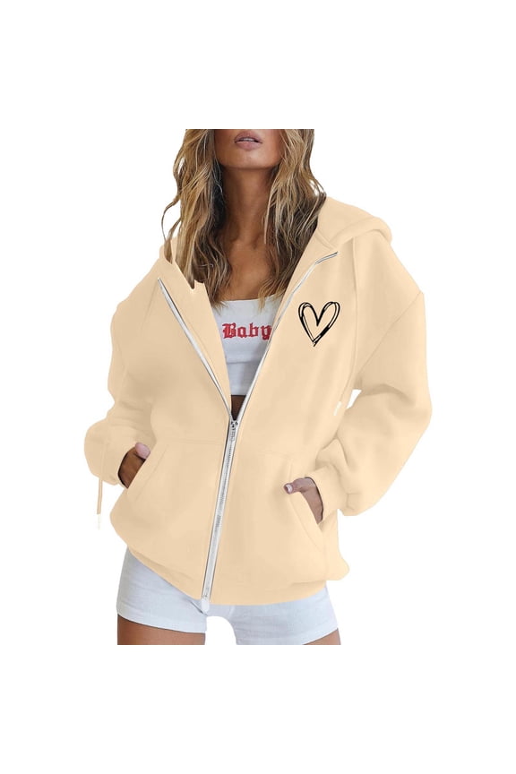 Womens Zip Up Hoodies Long Sleeve Oversized Sweatshirts Y2k Jackets with Heart Print Design (Beige S)
