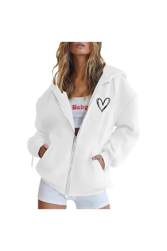 Womens Zip Up Hoodies Long Sleeve Oversized Sweatshirts Y2k Jackets with Heart Print Design (White XXXXXXS)
