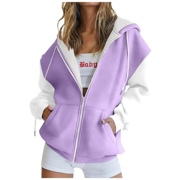 Womens Zip Up Hoodies, Long Sleeve Pullover for Women Fall Fashion Color Patchwork Full Zip Hooded Sweatshirts with Pockets