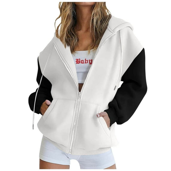 Womens Zip Up Hoodies, Long Sleeve Pullover for Women Fall Fashion Color Patchwork Full Zip Hooded Sweatshirts with Pockets
