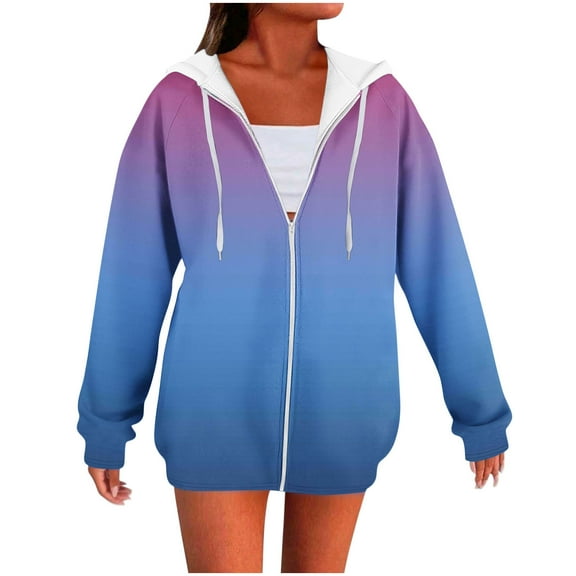 Womens Zip Up Hoodies, Long Sleeve Pullover for Women Fall Fashion Loose Fit Ombre Tie Dye Full Zip Hooded Sweatshirts with Pockets