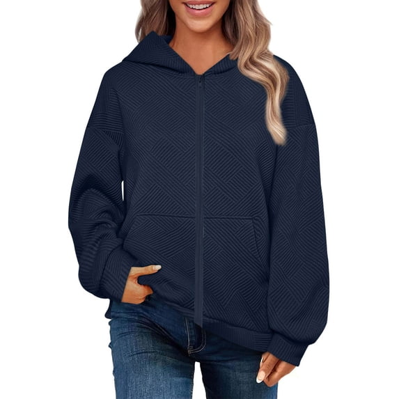 Womens Zip Up Hoodies, Long Sleeve Pullover for Women Fall Fashion Loose Fit Solid Color Hooded Sweatshirts with Pockets