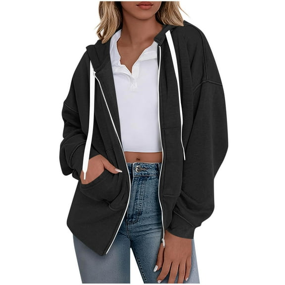 Womens Zip Up Hoodies Long Sleeve Sweatshirts Fall Outfits Casual Oversized Full Zip Hooded Jacket 2025 Fashion with Pockets