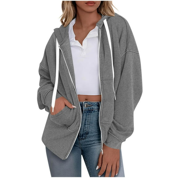 Womens Zip Up Hoodies Long Sleeve Sweatshirts Fall Outfits Casual Oversized Full Zip Hooded Jacket 2025 Fashion with Pockets