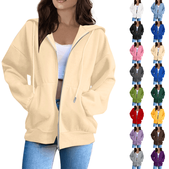 Womens Zip Up Hoodies Oversized Fleece Plain Y2K Hoodie Jackets Athletic Zipper Hooded Sweatshirt with Pockets Beige M
