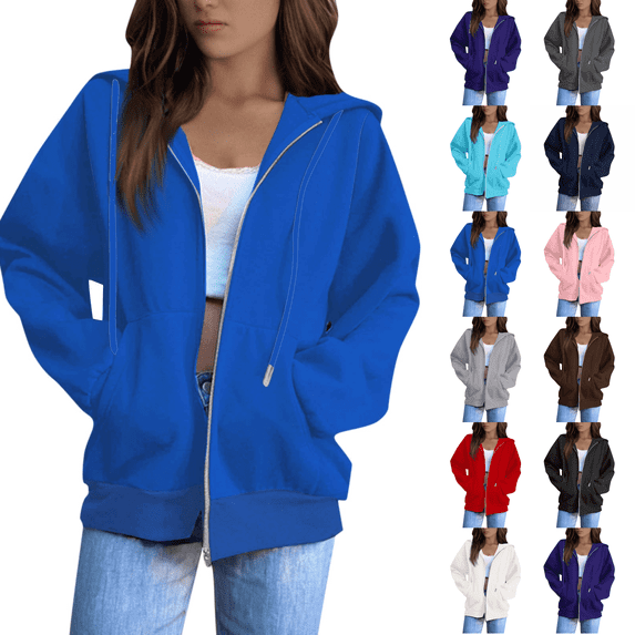 Womens Zip Up Hoodies Oversized Fleece Plain Y2K Hoodie Jackets Athletic Zipper Hooded Sweatshirt with Pockets Blue S