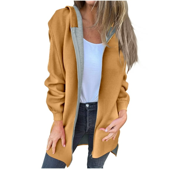 Womens Zip Up Hoodies Oversized Long Sleeve Hooded Sweatshirts Coat Solid Color Mid-Long Top Jackets with Hood (Khaki S)