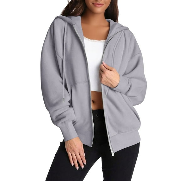 Womens Zip Up Hoodies Oversized Sweatshirts 2025 Fall Winter Fashion Long Sleeve Casual Lightweight Y2K Hooded Jacket 07-Light Gray S