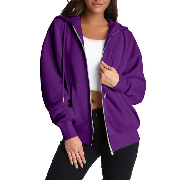 Womens Zip Up Hoodies Oversized Sweatshirts 2025 Fall Winter Fashion Long Sleeve Casual Lightweight Y2K Hooded Jacket 11-Purple S