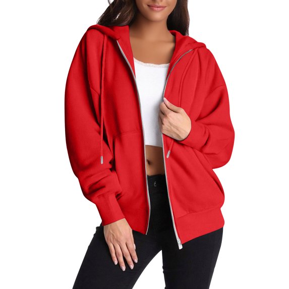 Womens Zip Up Hoodies Oversized Sweatshirts 2025 Fall Winter Fashion Long Sleeve Casual Lightweight Y2K Hooded Jacket 13-Red S
