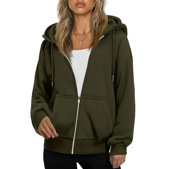Womens Zip Up Hoodies Oversized Sweatshirts Fall School Fashion Outfits Casual Jackets 2025 Winter Clothes Army Green L