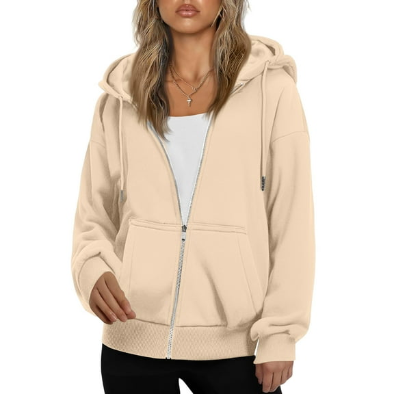 Womens Zip Up Hoodies Oversized Sweatshirts Fall School Fashion Outfits Casual Jackets 2025 Winter Clothes Beige M