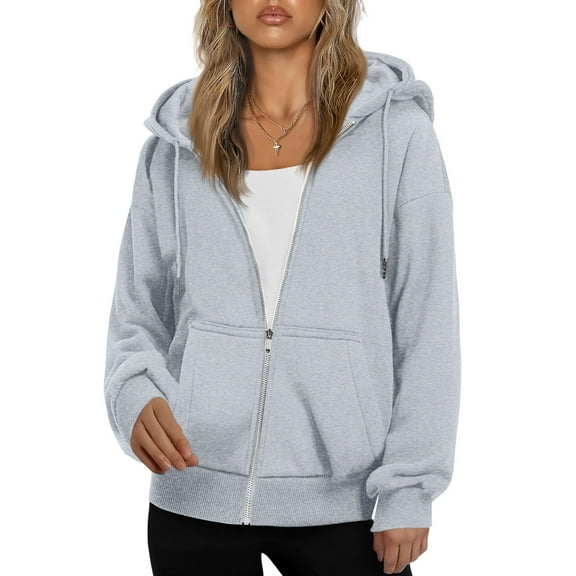 Womens Zip Up Hoodies Oversized Sweatshirts Fall School Fashion Outfits Casual Jackets 2025 Winter Clothes Light Gray L