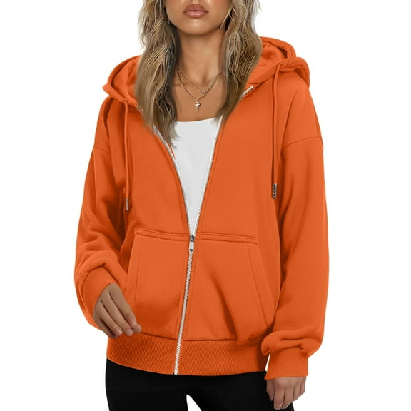 Womens Zip Up Hoodies Oversized Sweatshirts Fall School Fashion Outfits Casual Jackets 2025 Winter Clothes Orange L