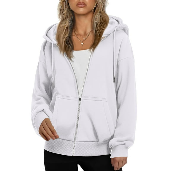 Womens Zip Up Hoodies Oversized Sweatshirts Fall School Fashion Outfits Casual Jackets 2025 Winter Clothes White XL
