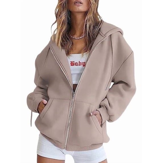 Womens Zip Up Hoodies Oversized Sweatshirts Fall School Fashion Outfits Casual Jackets Winter Clothes Brown M