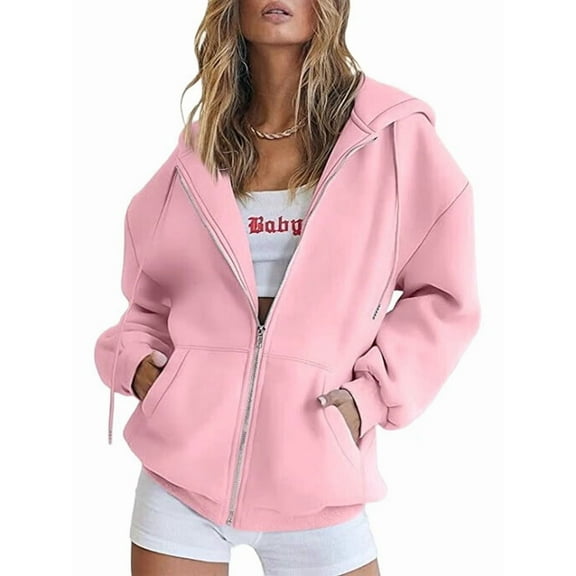 Womens Zip Up Hoodies Oversized Sweatshirts Fall School Fashion Outfits Casual Jackets Winter Clothes Pink L