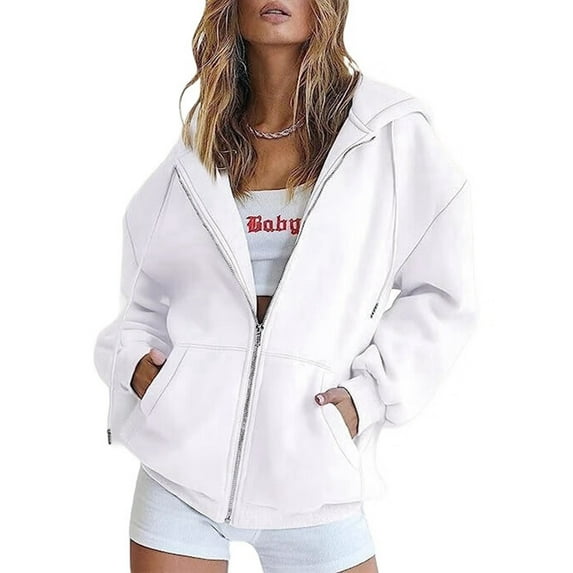 Womens Zip Up Hoodies Oversized Sweatshirts Fall School Fashion Outfits Casual Jackets Winter Clothes White L