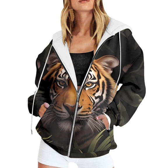 Womens Zip Up Hoodies Oversized Tiger Print Vintage Long Sleeve Hooded Jackets Fashion Y2K Fall Sweatshirts with Pockets
