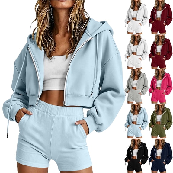 Womens Zip Up Hoodies Set Hooded Long Sleeve Top Solid Color Zip Sweatshirt Sports With Pockets Athletic Shorts Casual Fall Outfits