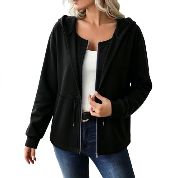 Womens Zip Up Hoodies Solid Color Long Sleeve Casual Sweatshirt Drawstring Waist Comfy Lightweight Sweatshirts with Pocket Fall Clothes