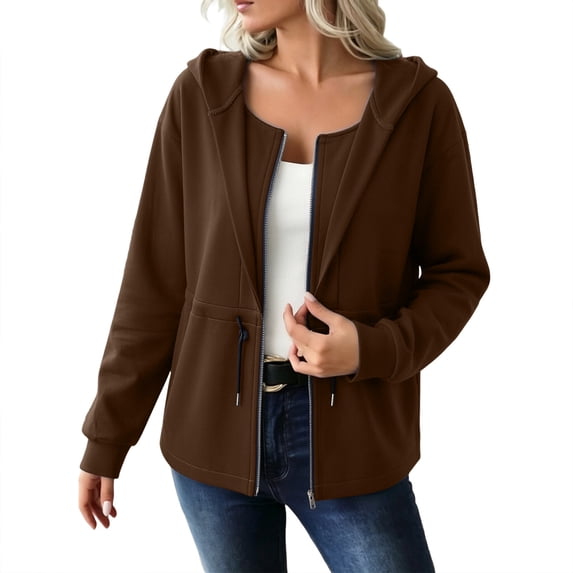 Womens Zip Up Hoodies Solid Color Long Sleeve Casual Sweatshirt Drawstring Waist Comfy Lightweight Sweatshirts with Pocket Fall Clothes