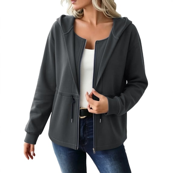 Womens Zip Up Hoodies Solid Color Long Sleeve Casual Sweatshirt Drawstring Waist Comfy Lightweight Sweatshirts with Pocket Fall Clothes