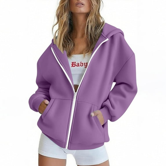 Womens Zip Up Hoodies Solid Color With Ear Hat Loose Casual Shoulder Down Long Sleeved Purple Winter Sweatshirts Fall Fashion Outfits 2025 ( S )