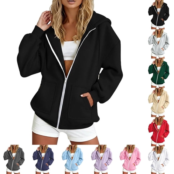 Womens Zip Up Hoodies Spring Fall Satin lined Hoodies Oversized Sweatshirts Fall Sweaters Casual Y2K Track Jackets Clothes