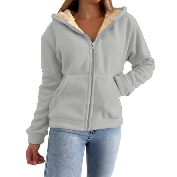 Womens Zip Up Hoodies Thermal Sherpa Lined Fleece Jacket Long Sleeve Hooded Sweatshirt Fall Fashion Winter Coat