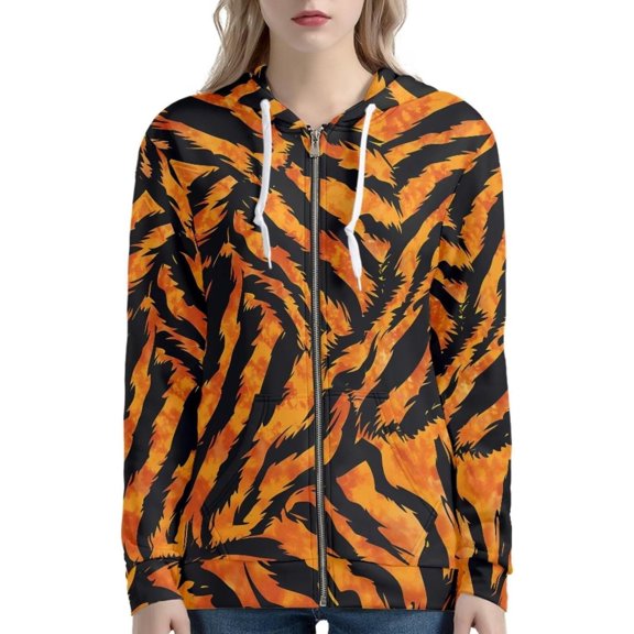 Womens Zip Up Hoodies Tiger Stripe Print Long Sleeve Drawstring Hood Sweatshirt Split Kangaroo Pockets Ribbed Cuffs Jacket Orange S