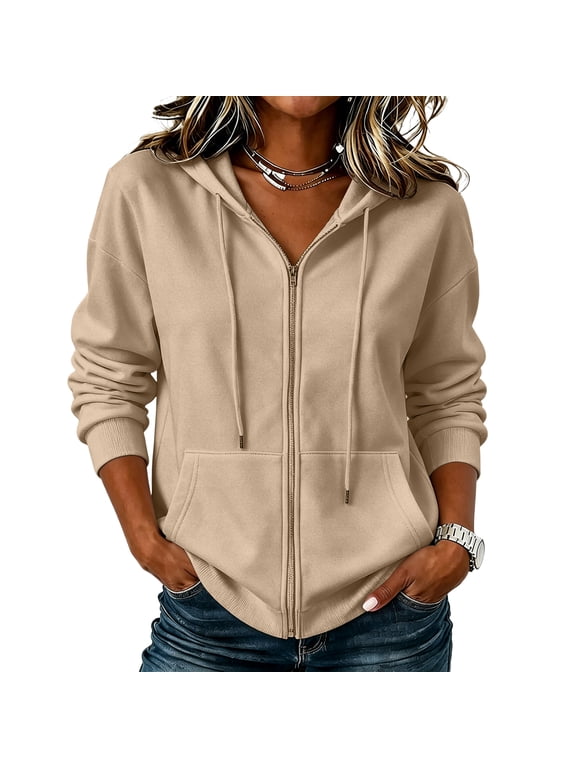 Womens Zip Up Hoodies with Pockets Fall Winter Casual Long Sleeve Hooded Sweatshirts Y2k Travel Jacket Camel L