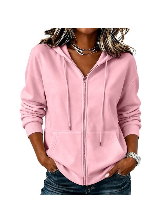 Womens Zip Up Hoodies with Pockets Fall Winter Casual Long Sleeve Hooded Sweatshirts Y2k Travel Jacket Pink L
